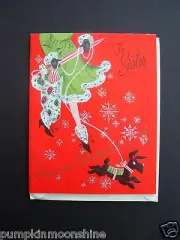 #F128- Vintage Unused Glitter Xmas Greeting Card Fancy Lady Walking Scottie Dog