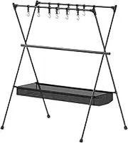 Camping Cookware Rack - Folding Camping Tool Rack with Hooks - Tool Organizer with Net Bag for Travel Picnic Hiking Fishing Accessories