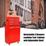 5 Drawer Tool Chest Detachable with Bottom Cabinet&1 Adjustable Shelf Red New
