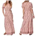 Faherty Orinda L Dress 100% Organic Cotton Boho Peasant Maxi Pink Brown Floral