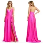 Ieena For Mac Duggal [ 8 ] Plunge Neck High Slit Gown In Electric Pink 26165