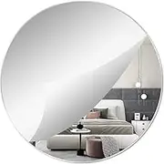 QEEYON 16'' Round Wall Mirror Self Adhesive Circle Glass Mirror HD Large Wall Mirror Makeup Mirror Frameless Decoration Wall Mirror for Bathroom, Bedroom, Living Room, Door etc