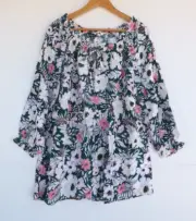 New Autograph Top 18 Womens Floral Peasant Elastic Neck Green Pink Yellow