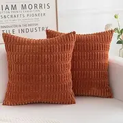 Corduroy Decorative Throw Pillow Covers, Boho Stripe Soft Square Cushion Case Home Decor for Living Room Couch Bed Sofa, Set of 2 Pack, Orange, 16x16 Inch
