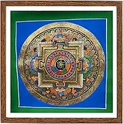 QT Om ॐ Mandala Mantra Thangka, 100% Hand Painting on Cotton Cloth Canvas Sacred Thangka Illuminated Manuscript Mandala for Good Luck Tibetan Wall Decoration Painting Handmade In Nepal