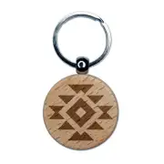 Southwest Pattern Shape Engraved Wood Round Keychain Tag Charm