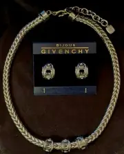 Givenchy Vtg Earrings/ Necklace, Silvertone Foxtail Chain & Charms, Matching Ear