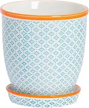 Nicola Spring Patterned Plant Pot with Saucer - Blue - 20.5cm Porcelain Indoor Ceramic Planter with Drainage Holes Outdoor Garden Flower Pots for House & Garden Flowers