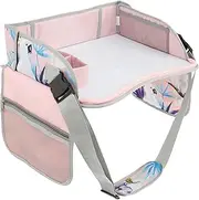 FwQoFvk Car Seat Tray, Kids Travel Tray for Car, Easy to Install Car Seat Table Tray, Portable Car Lap Tray with Adjustable Shoulder Strap and Pocket for Kids Road Trip Activities (Pink)