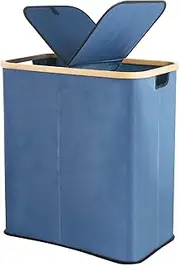 ALINK Divided Folding Bamboo & Canvas Laundry Hamper- Double Large Laundry Basket with Lid - Modern Collapsible Hamper with Handles, Waterproof Liner, Great for Adults, Bathroom, Living Room-Blue