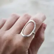 Solid 925 Sterling Silver Simple Oval Ring Hammered Jewellry For Women's