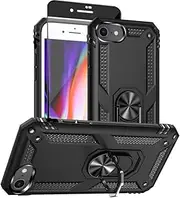 for iphone SE 2022 Case, iphone SE 2020 Case,iphone 8/7 Case with HD Screen Protector, [Military Grade 16ft. Drop Tested] Ring Shockproof Protective Phone Case,Black