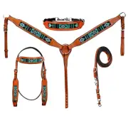 western Leather Equestrian Tooled Beaded Headstall,Breast Collar & Reins. (H042)