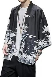 [PRIJOUHE] Men's Japanese Kimono Cardigan Jackets Casual Long Sleeve Open Front Coat Lightweight Yukata Outwear, Black