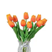 10Pcs Artificial Flower Flower with Stem Realistic Wedding Home Office Table Centerpiece Tulip Faux Branch Fake Floral Arrangement orange