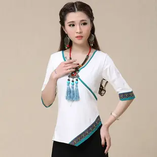 中國風上衣春夏民族風女裝短袖t恤刺繡V領大碼中袖不對稱唐裝茶服