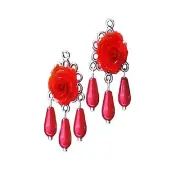 Earrings red rose and pearl chandelier, choose clip on or pierced fittings