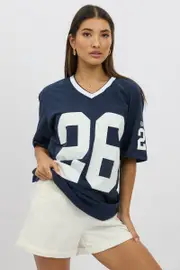 Blue Graphic Tee V Neck Short Sleeve - Size 6XXS, Women's Graphic Tee
