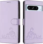 ScandiCasis SC Google Pixel 8 Pro Flip Case, Cat Pattern Leather Cover with [Card Slots] [RFID] [Wallet] [Kickstand] Shockproof Case, Purple