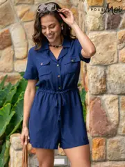 Pour Moi Blue Textured Woven Utility Playsuit (W27760) | $104