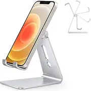 Adjustable Cell Phone Stand, OMOTON Aluminum Desktop Cellphone Stand with Anti-Slip Base and Convenient Charging Port, Fits All Smart Phones (Silver)