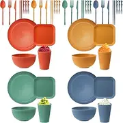48-Piece Camping Tableware Set, Plastic, Unbreakable Tableware Set for 4 People, with Plates, Dessert Plates, Bowls, Cups, Cutlery, Fruit Fork, BPA-Free Tableware Set, Lightweight for Children and