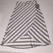 ATHLETA Sz S Gray Cream Ribbon Striped Jersey Pull On Tulip Wrap Midi Skirt NWT
