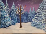 Snowy Pine Trees Cardinal bird Stars art Original Painting