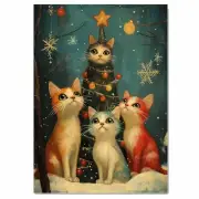 Christmas Cats Festive Around Snowy Tree Flat Rolled, Framed or Wrapped Canvas