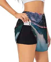 [GaxfjRu] Lake and Sunset Print Women's Running Shorts High Waisted Running Shorts Pocket Sporty Gym Elastic Short, Black, XXL
