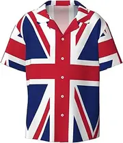 [HVTTIOR] British Flag Print Short Sleeve Shirt Cuban Collar Beach Casual Style Summer Vacation Relaxed Fit