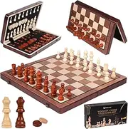 15 Inch Chess Sets, Yakiter 2 in 1 Magnetic Chess Set & Checkers Board Game, Magnetic Wooden Chess Set with 2 Extra Queens,Portable Travel Chess Set, Beginner Chess Board Game for Adults Kids (Walnut)