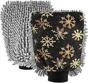 XYMZR Gold Snowflake Christmas Black Absorbent Microfiber Car Wash Mitt, Funny Cute Anime Scratch Free for Cars Cleaning, Home Cleaning Mitts, 2 Pack, 10.24” L x 7.09” W
