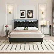Luxsuite Bed Frame Queen Size PU Mattress Base Platform with Storage Headboard Led Light Bedroom Furniture Black PU