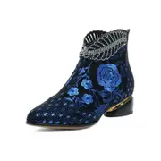 Nevenka Womens Ankle Boots Chunky Heel Embroidered Flowers Rhinestone Leather Boots-Blue