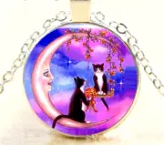 BLACK TUXEDO CATS MOON Pendant On 20" 925 Sterling Silver Necklace Gold Gift