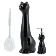 3-Pc Cat Ceramic Toilet Brush Holder w Plastic Brush /Soap Dispenser Set-Black