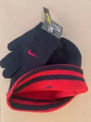 Nike Reversible Black & Red Knit Beanie & Stretch Gloves Youth Boy's 8-20 NWT
