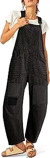 [Tankaneo] Womens Baggy Denim Overalls Patchwork Wide Leg Adjustable Strap Jumpsuits Casual Bib Cotton Barrel Jeans Outfits