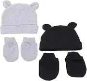 [MOBUTOFU] Baby Boys Girls Beanie Hat Mittens Set Soft Cotton Muslin Mittens Knit Newborn Hats Grey and Black Elastic Fitted