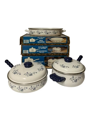 Crowning Touch Porcelain Enamel Cookware Set Haviland China Blue Garland