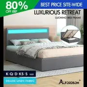 ALFORDSON Bed Frame Double Queen King Single RGB LED Gas Lift Storage Base Grey