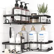 Kitsure Corner Shower Caddy - 2 Pack Rustproof Shower Shelf, Durable Bathroom Caddy with Large Capacity, Drill-Free Adhesive Bathroom Shelf with 4 Movable Hooks, 11.0 x 21.5 x 4.5 cm, Black