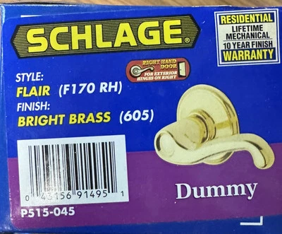 SCHLAGE F170 V PLY 605 Plymouth Bright Brass Dummy Knob Non Turning Doorknob NEW