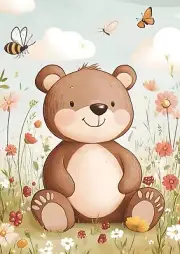 Bear Sitting in Field of Flowers Nursery Kids Room Wall Art Print 8.5"x11"