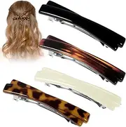 Lnngub 4 Pcs French Barrette Hair Clips,2.56 Inch Small Tortoise Shell Curved Glossy Thin Fine Flat Hair Barrettes for women (Black,White,Leopard Color,Amber)