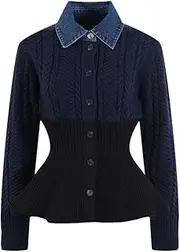 [Generic] Women Knitted Cardigans Jacket Women's Sweater Denim Stitching Patchwork Tops Color Block Knit Coats