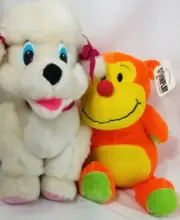 2 PLUSH Stuffed Animals 8 in ORANGE Yellow CoinPlay Monkey NEW & White POODLE
