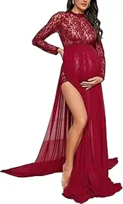 [ZIUMUDY] Long Sleeve Lace See-Through Maternity Gown for Photography with Maxi Chiffon Skirt Photo Shoot Dress