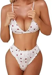 [MIZSPISE] Women's Sexy Lingerie Set Satin Wirefree Bra and Panties Cute Heart Pattern Lingerie 2 Pieces Underwear Lingerie Babydoll Sleep Backless Pajamas S-XL